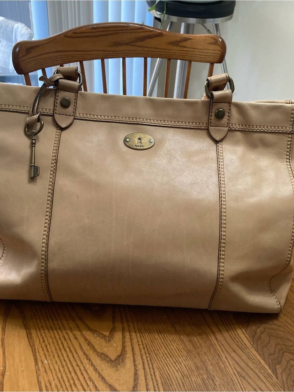 Fossil Beige Leather Tote with Key Charm
